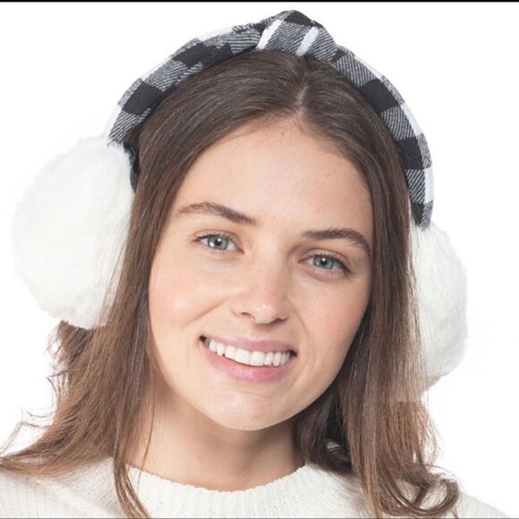 NWT INC International Concepts Buffalo Check Top Knot Faux Fur Earmuffs - Picture 1 of 4